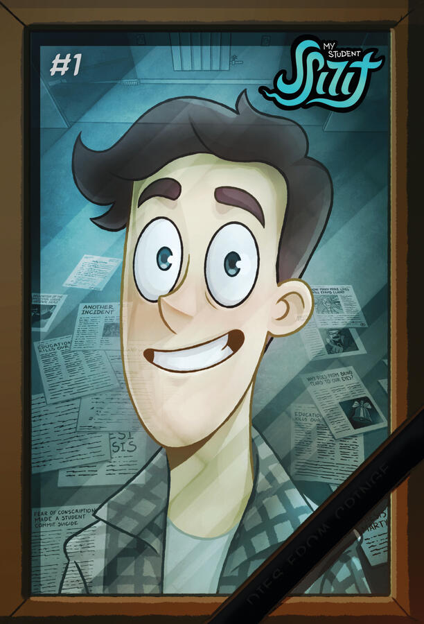 My Student Spirit: Prologue My Student Spirit: Prologue comic book cover, styled as a photo frame. In the picture, there is a young man with brown hair, who is the main character. The frame features a black ribbon, which is a symbol of remembrance or mourning, with faint text saying